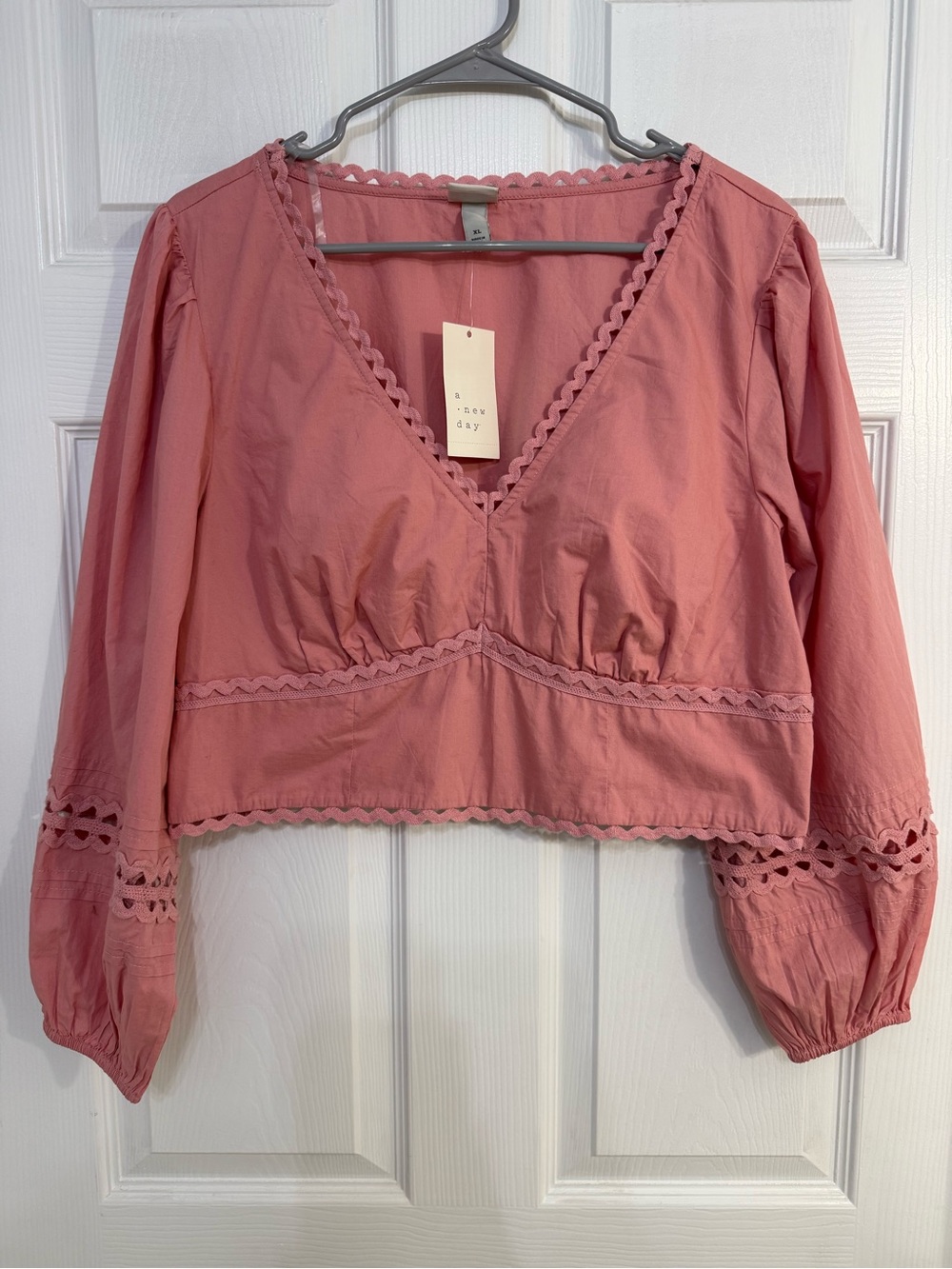 a new day Rose Pink Crochet-Trim V-Neck Cropped Blouse